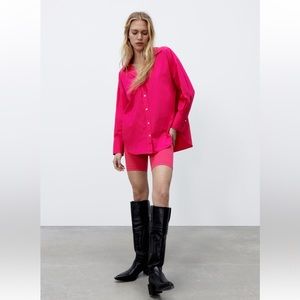 Zara oversized poplin button down shirt, long sleeves, Fuschia, size XS